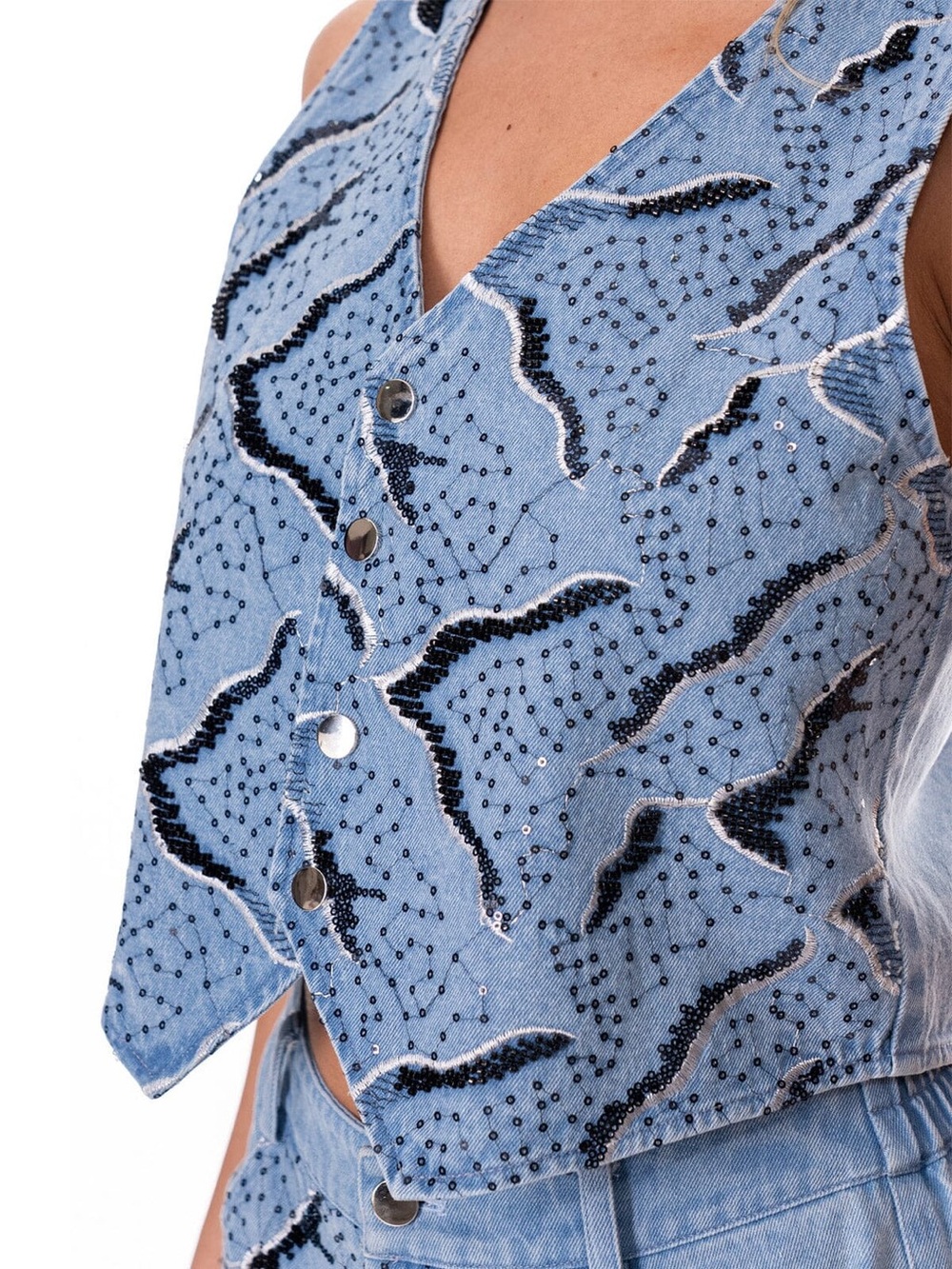 ST18. SLEEVELESS BUTTON UP TOP & BUTTON CLOSURE PANTS SEQUINS PRINT 2PC. SET - Picture 2 of 2